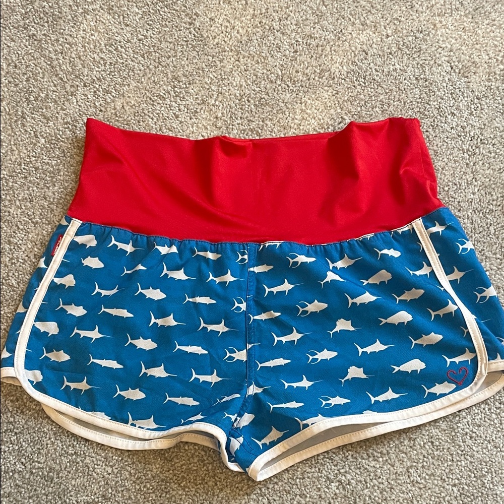 Pelagic Women's Blue Shark-Print Athletic Shorts with Red Waistband